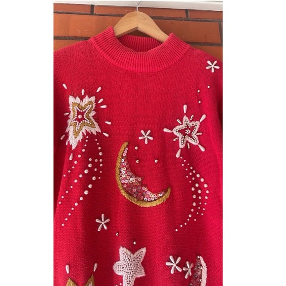 VTG Moon Sta by P Galli Designs Red Embellished Mock Neck Sweater Size - Picture 5 of 8
